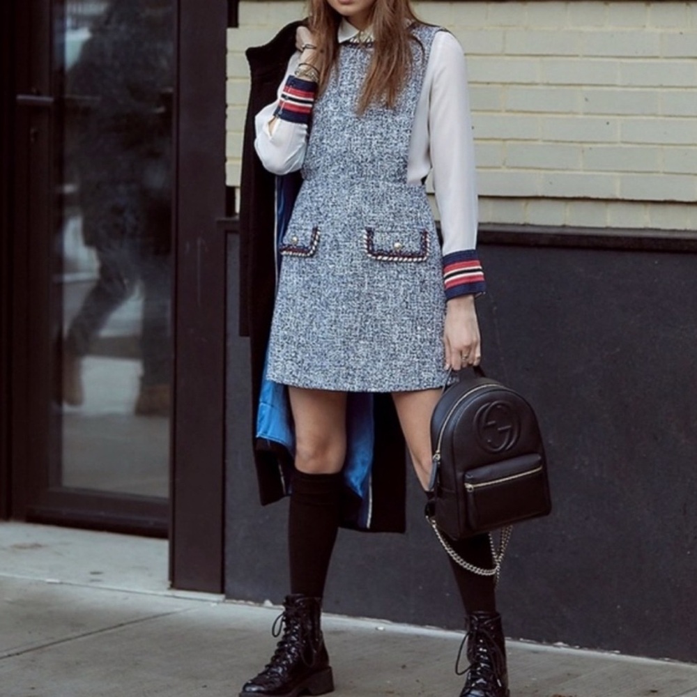 Zara Blue Tweed Texturized Weave Dress with Buttons US S